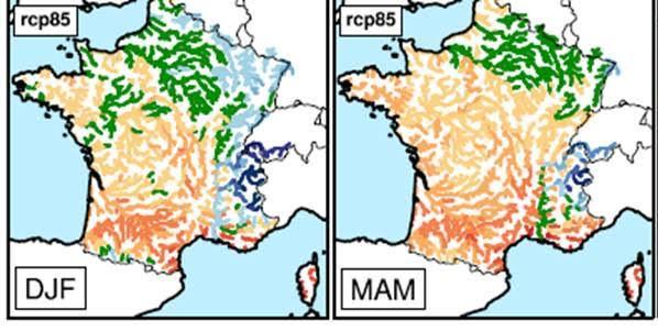 Evolution des débits saisonniers en France vers 2100 (en %) avec le scénario