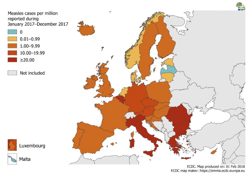 Données européennes: épidémiologie de la rougeole en 2017 Total de 14 451 cas entre le 1 er janvier et le 31 décembre 2017 (source ECDC).