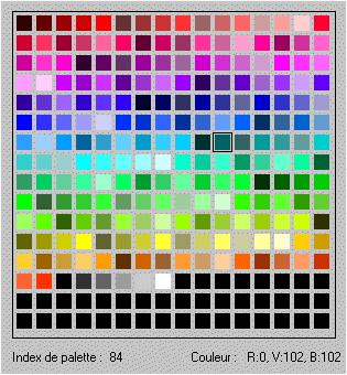 Codage d'une image en couleurs 8 bits Dans ce cas on attache une palette de 256 couleurs à l'image. Ces 256 couleurs sont choisies parmi les 16 millions de couleurs de la palette RVB.
