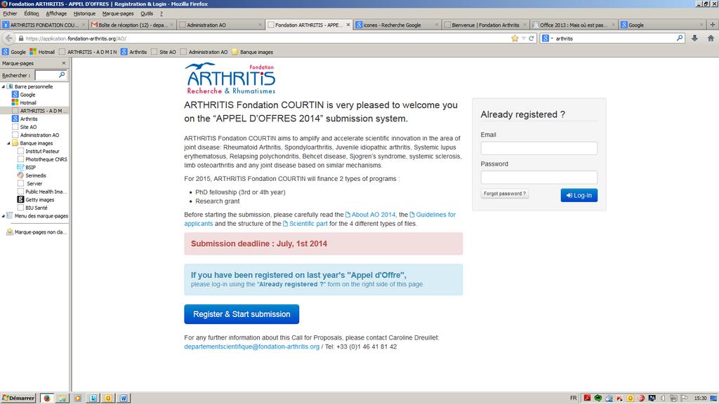 2- Procédure de soumission: La soumission d un dossier se fait en ligne via la page dédiée du site internet de ARTHRITIS Fondation COURTIN : https://application.fondation-arthritis.