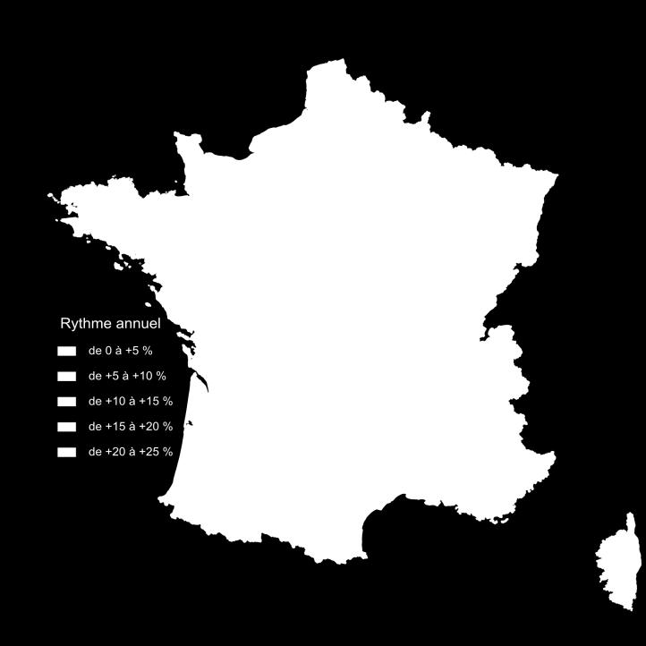 Bourgogne - Franche-Comté -2 % + 12 % Normandie + 30 % + 23 % Nord - Pas-de-Calais - Picardie Champagne-Ardennes - Lorraine - Alsace + 18 % + 19 % + 10 % + 20 % Pays de la Loire + 9 % + 2 % Bretagne