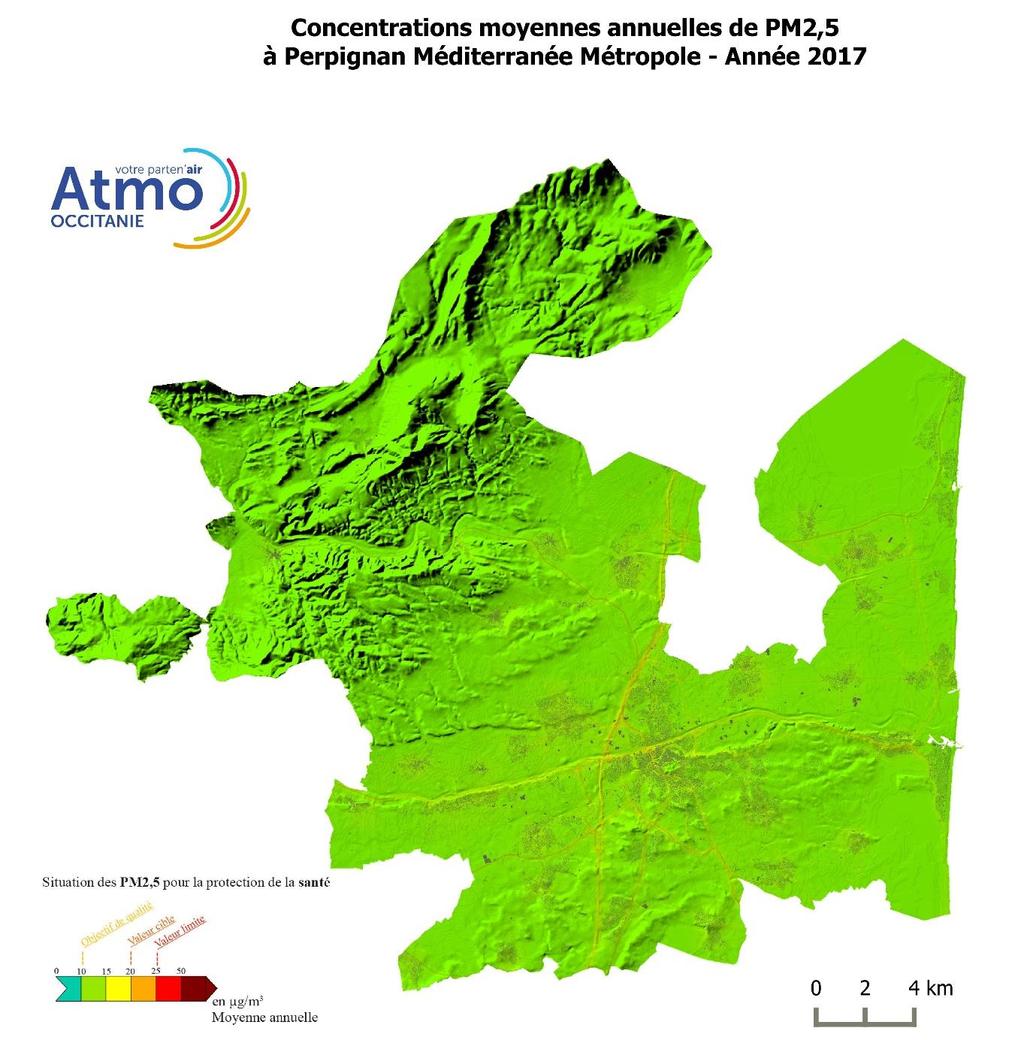BILAN DE LA QUALITE DE L AIR 217 PMM 1/218 7.2.1.2 PM25 Le tableau et la carte ci-dessous présentent les concentrations moyennes 217 sur Perpignan Méditerranée.