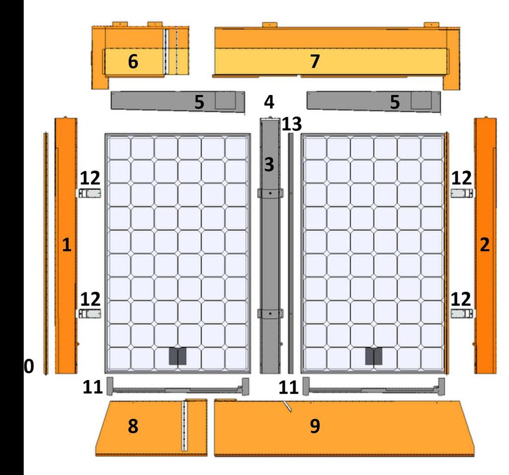 Contenu du kit Partie intégration : 1 - Couloir gauche = 1 2 - Couloir droit = 1 3 - Couloir intermédiaire = Nb de colonne de modules - 1 4 - Ecarteur = Nb de couloirs intermédiaires 5 - Couloir