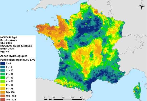 Déjections animales En France 53 kg N et 27 kg P2O5 / ha SAU en moyenne Zones denses Zones ZES Destination Épandage local en