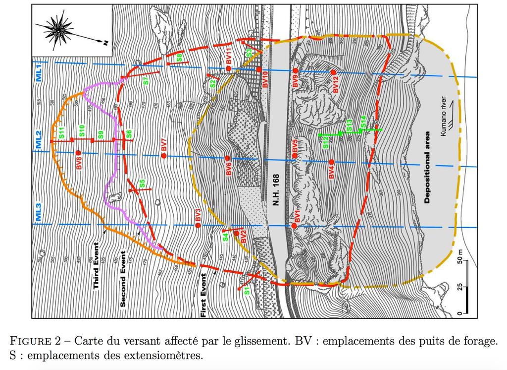 2 Glissements de terrain : étude du cas d Otomura Question 2.1 Calculer la pente moyenne du versant (cf. TP carto) Différence d altitude 135m Pente 10.7 cm = 281.6 m Distance réelle 281.