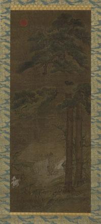 Paire de peintures, montées en rouleau vertical (grues au milieu des bambous, daims assoupis sous un pin) Chaque peinture : 130,6 x 52,7 cm Encre, couleurs et