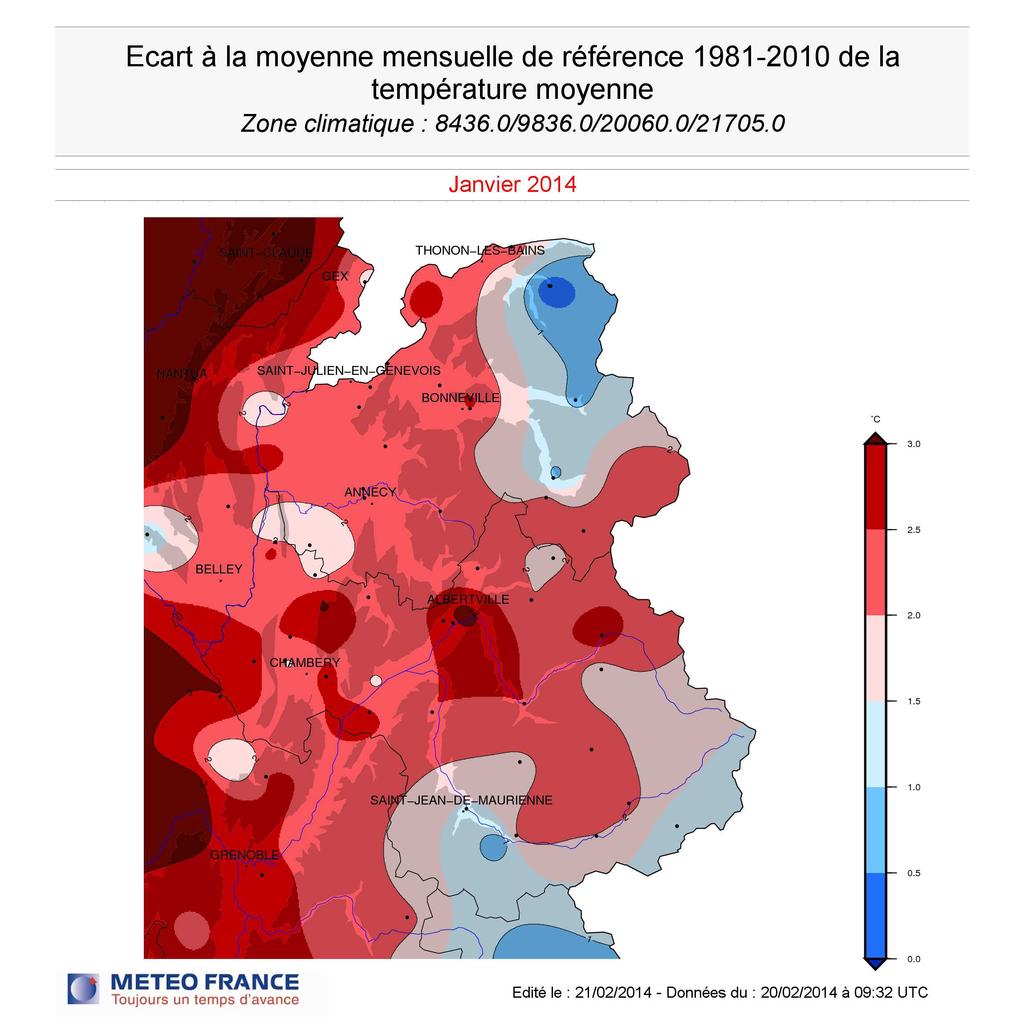 Températures Janvier est très doux sur l ensemble de la Savoie avec des excédents mensuels importants dépassant un peu partout les 2 C : +2.6 C à Challes les Eaux, +2.