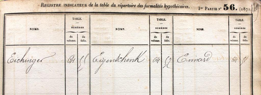 Une fois le nom de la personne trouvé (ici «Eiffel»), noter les références du volume et du folio de la table