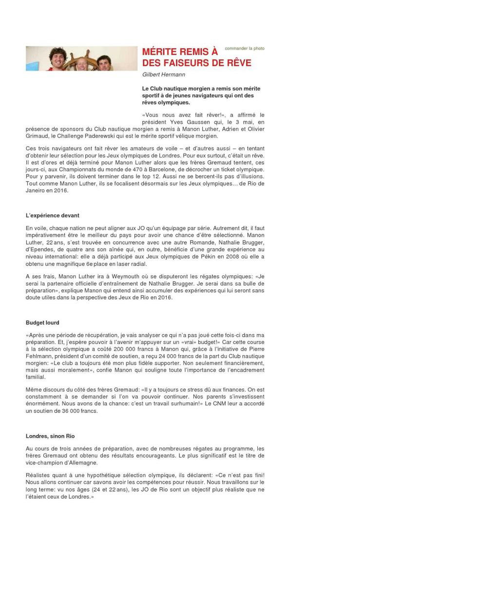Journal de Morges Online (CH) 16.05.2012 Seite 1 / 1 Auflage/ Seite 0 / 6064 Ausgaben 0 / J.