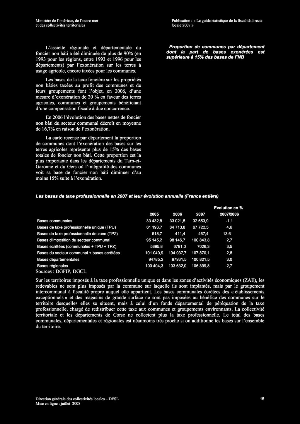 Ministère de l intérieur, de l outre-mer Publication : «Le guide statistique de la fiscalité directe et des collectivités territoriales locale 2007» L assiette régionale et départementale du foncier