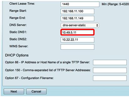 Étape 5. Dans le domaine DNS1 statique, entrez dans l'ipv4 addres du serveur de DNS principal. Remarque: Dans cet exemple, 10.49.5.11 est utilisé.