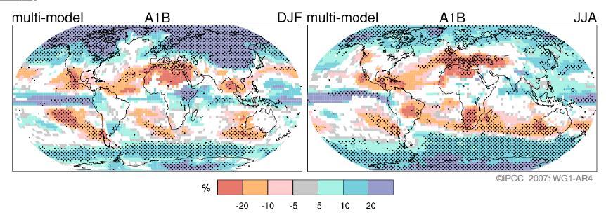 Un climat, ce n est pas seulement une température moyenne Zone blanche = pas de consensus entre modèles Pointillés = plus de 90% des modèles d accord sur le sens de l évolution Moyenne