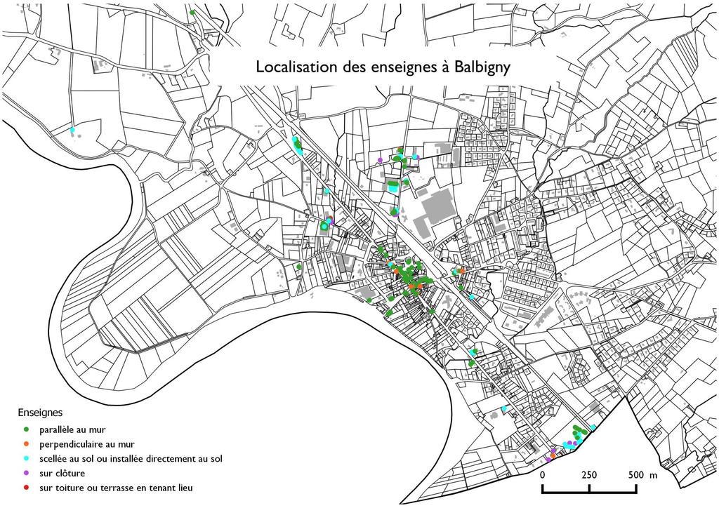 La cartographie ci-dessus, nous montre que les enseignes balbignoises sont principalement localisées en centre-ville.