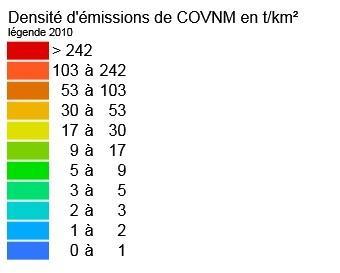 2000 2005 2010 Figure 10 : Cartographie des émissions de COVNM en 2010 (résolution 1km²) Ces cartes permettent d observer que les émissions de COVNM sont plus importantes : - à mesure qu on approche