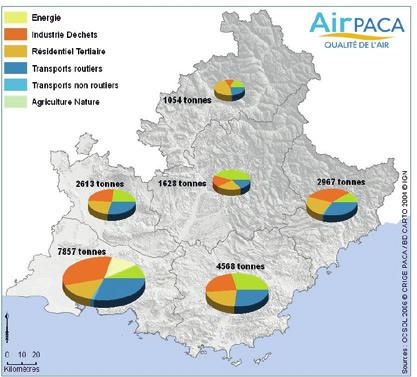 Inventaire des émissions de PM10 en 2007 (source : Air PACA) Inventaire des émissions de PM2,5 en 2007 (source : Air PACA) Les oxydes d azote (Nox) : une pollution forte aux abords des grands axes