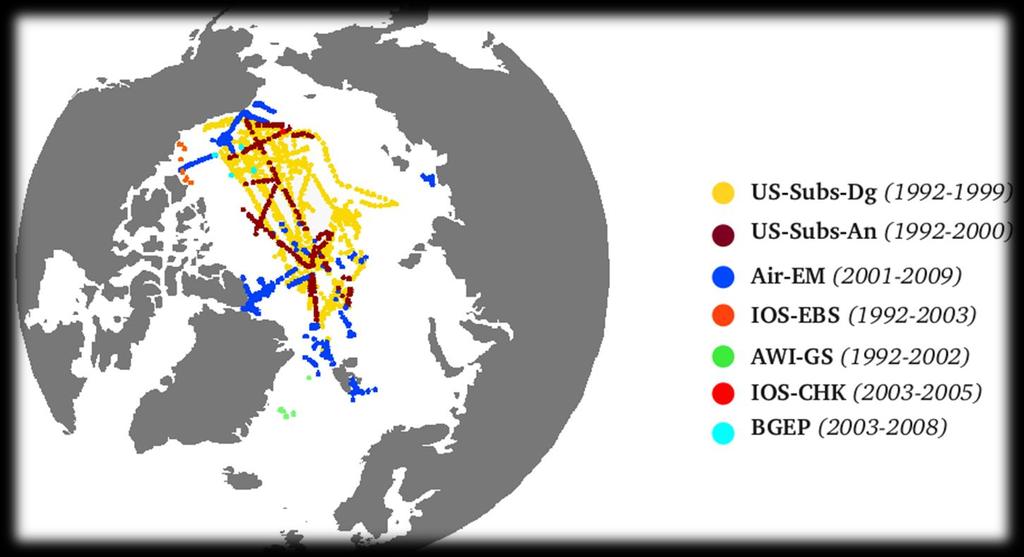 4. Validation de l épaisseur de glace Les observations sur l Arctique de 1975 à 2009 8 campagnes : données d épaisseur, de draft et de freeboard 2 campagnes