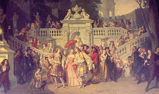 Molière est assis à l'écart, à l'extrême gauche du décor librement inspiré des Allées des Arceaux de Montpellier, ville où Molière fit plusieurs