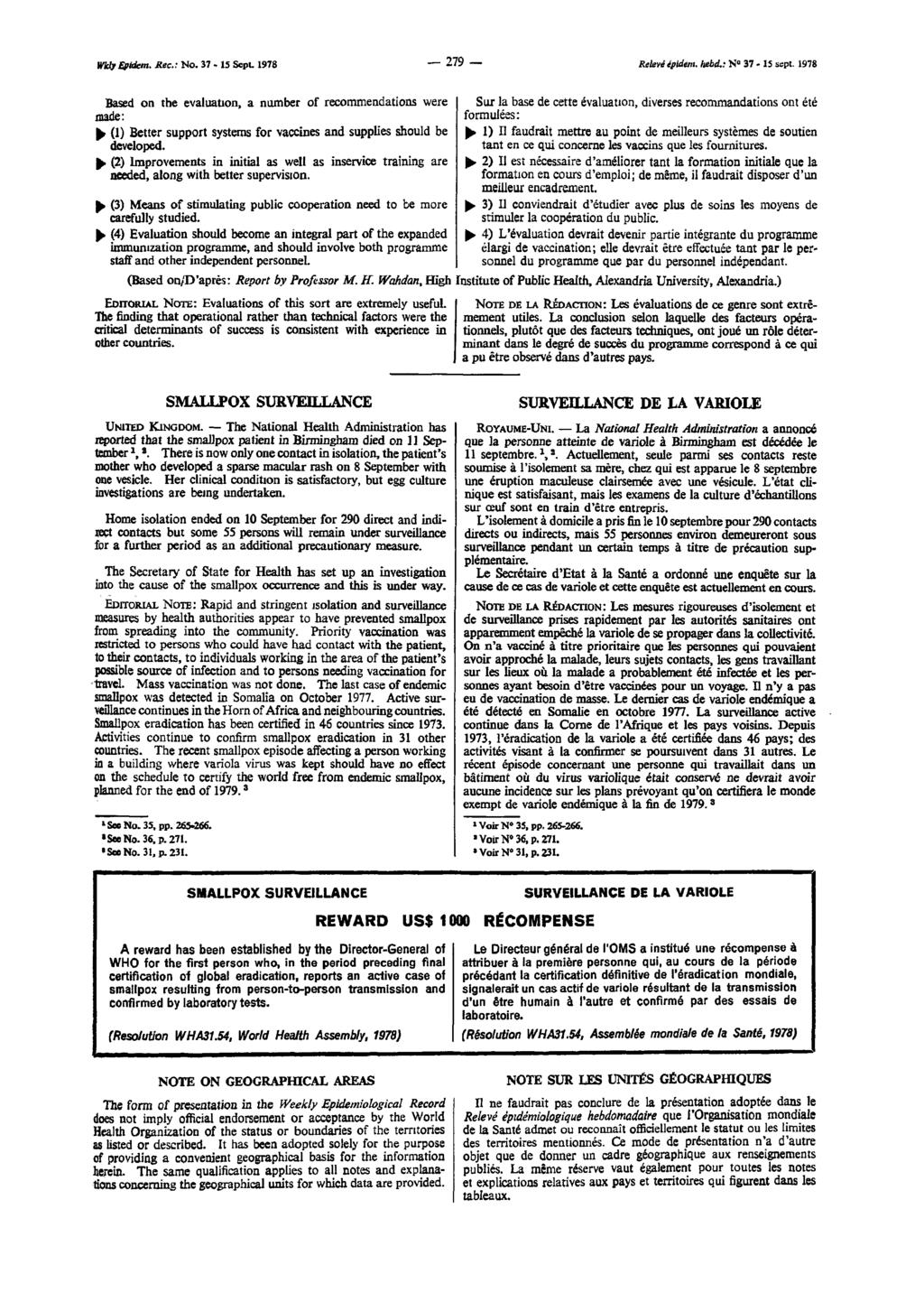 Wkly Epidem. Rec. : No. 37-15 Sept, 1978 279 Relevé épide/n. hebd.i N 37-15 sept.