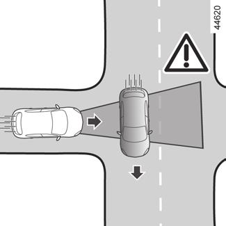 H Le système ne détecte pas : les véhicules arrivant dans les ronds points ou traversant au croisement (exemple H) ; les véhicules circulant en sens inverse ou reculant dans votre direction.