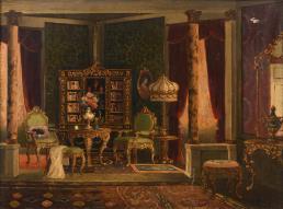 225 Joseph KOUTACHY (1907 -) Intérieur de salon au bouquet de fleurs Huile sur toile