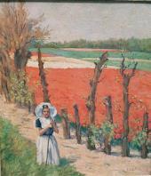 (XXème siècle) Jeune fille devant un champ de coquelicots Huile